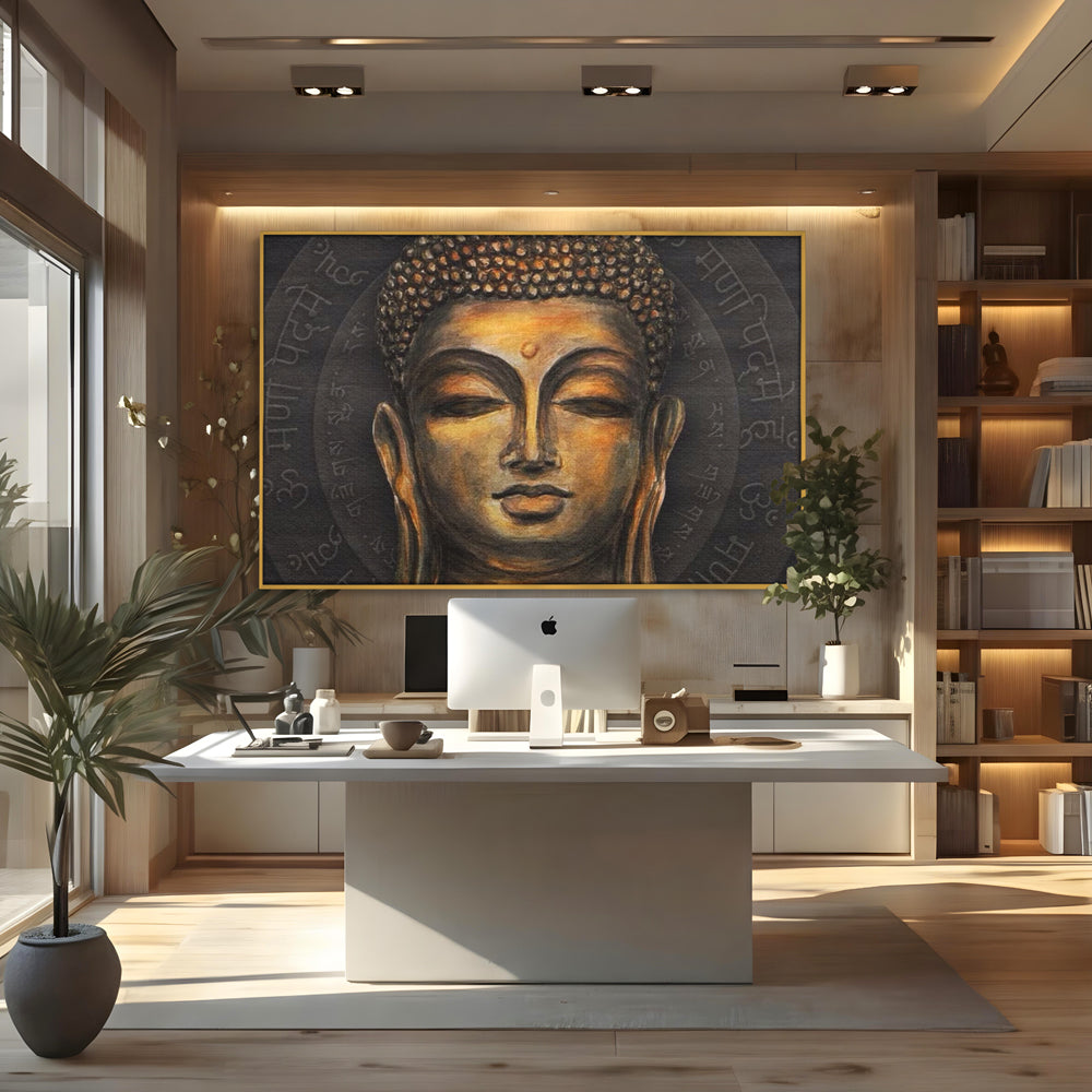 Tablou canvas cu pictura cu chipul lui buddha, in rama de aluminiu auriu, pe perete intr-un birou